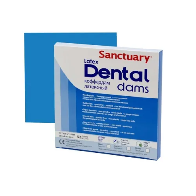 15. Листы латекс. DentalDam/ Дентал Дам,152ммx152мм, thin/тонкие,синие, 36шт/уп/ Sanctuary