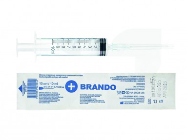 Шприц 10 мл 3-х комп. с иглой Brando /100/1000/