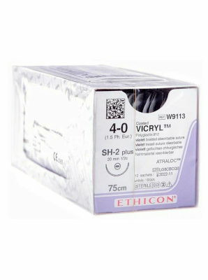 Шовный материал Викрил (Vicryl) 4-0, 75см, кол. 20, SH-2 plus, W9113, 12шт/уп/ Ethicon